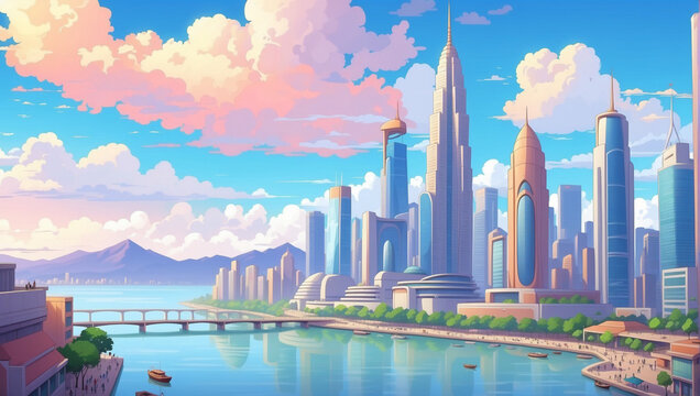 Anime Background and Wallpaper. Malaysia's animated cityscape: a mesmerizing blend of skyscrapers and serene water