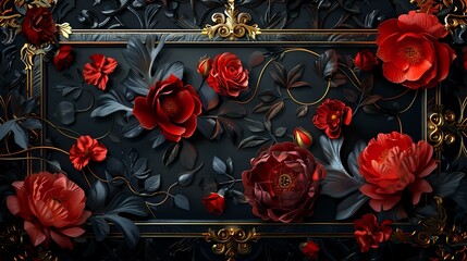 Dramatic Art Nouveau Peonies and Roses with Detailed Ornate Background - obrazy, fototapety, plakaty
