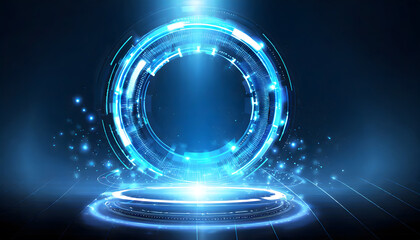Blue hologram portal. Magic fantasy portal. Magic circle teleport podium with hologram effec. Generative AI.