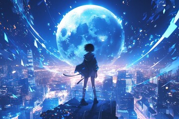 Fototapeta na wymiar The boy stands on the top of his city, gazing at the moon in the style of anime. 