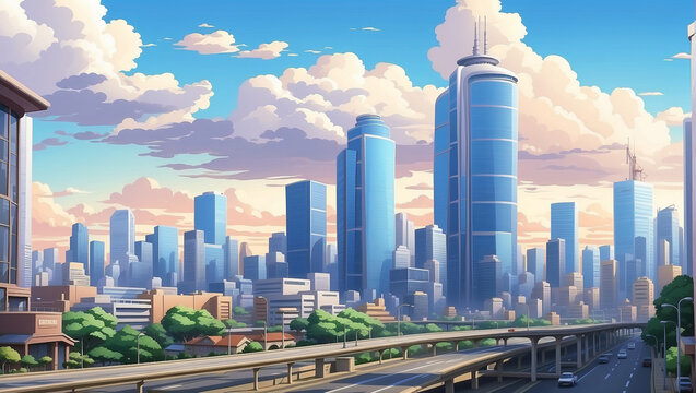 Anime Background and Wallpaper. Anime cityscape featuring a highway surrounded by towering buildings, capturing the essence of Tokyo