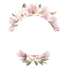 Light pink magnolia flowers, buds and leaves. Floral watercolor illustration hand painted isolated on white background