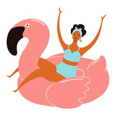 Young woman in swimsuit, riding flamingo float cute cartoon character illustration. Hand drawn flat style design, isolated vector. Summer holidays, vacations, outdoors, beach activity, pool element - 788124285