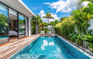 Fototapeta na wymiar Small private pool villa in Phuket, tropical style with greenery and palm trees around the house