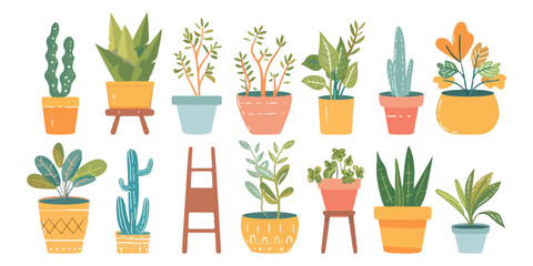 Set of cute potted plants on a white background.