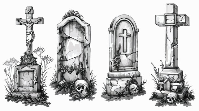 Set of Four monochrome tombstones made from stone vector