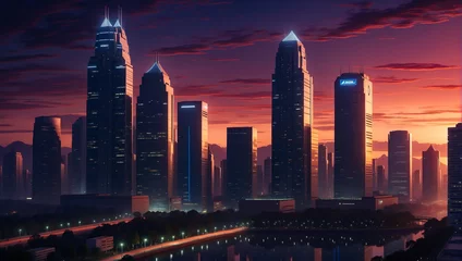 Foto op Plexiglas Anime Background and Wallpaper. Sunset in Malaysia's anime cityscape, showcasing tall buildings in the background. © Vincent Goh