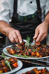 Gourmet chef cooking grilled scallops in buttery lemon cream or cajun spicy sauce with herbs