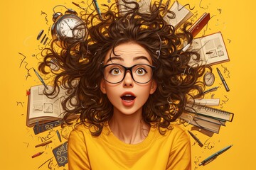 Young woman with an open mouth and surprised expression, surrounded by alarm clocks and books on a yellow background. 