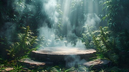 cylindrical stone marble podium on grass, surrounded by dense marijuana plants, with smoke on the ground as part of the composition. Generative ai - obrazy, fototapety, plakaty