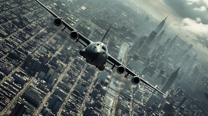 Military transport plane in action flying over the city