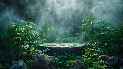 cylindrical stone marble podium on grass, surrounded by dense marijuana plants, with smoke on the ground as part of the composition. Generative ai