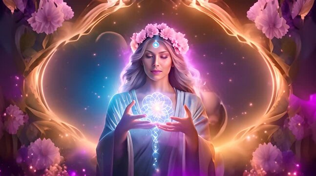 Psychic healer channeling revitalizing energy, surrounded by blooming flowers, symbolizing the human nature healing connection