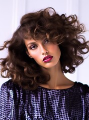Fototapeta premium A woman with long brown hair and a purple lipstick is posing for a photo