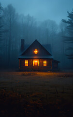 Mysterious Gothic House in Grassy Field: Illuminated by Window Light