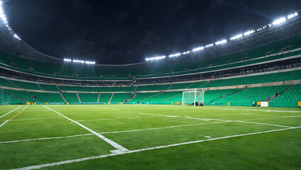 An empty football stadium with green turf and blue seats.

