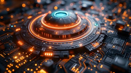 two-tiered, domed platform with neon lights around it, situated on top of a futuristic electronic circuit board. Generative ai