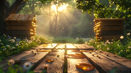 wooden podium on grass, surrounded by large beehives on branches. The wooden podium has fresh honey dripping down onto the wooden floor. The atmosphere is early morning. Generative ai