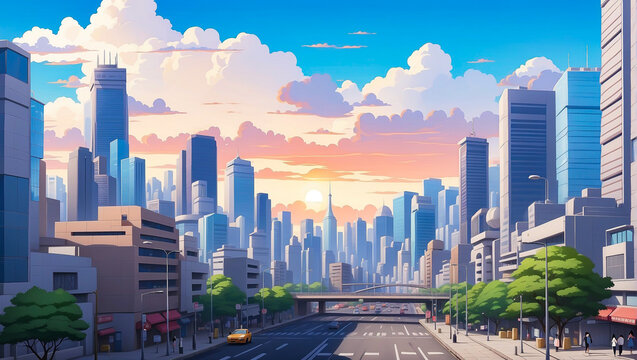 Anime Background and Wallpaper. Sunset Over Shibuya: Capturing the Transition from Day to Dazzling Night in Tokyo’s Urban Heart