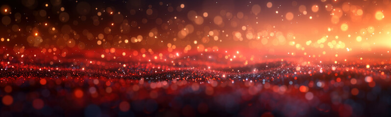 Warm festive glow with golden and red shimmering bokeh lights background.