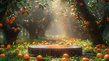 wooden podium on grass, surrounded by several orange trees and with orange juice spilled on the ground. The atmosphere is early morning, with sunlight shining down. Generative ai
