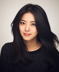 A woman with long black hair and a black sweater is smiling