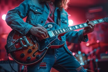 Obraz premium Close-up of a musician's hands playing a guitar solo during a live concert, with focus on the guitar and fingers