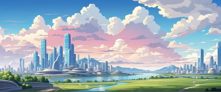 Anime Background and Wallpaper. Beyond the Skyline: Envisioning a New Dawn Where Natural Beauty Meets High-Tech Urban Expansion