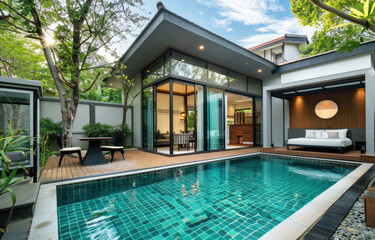 Small private pool villa in Phuket, tropical style with greenery and palm trees around the house