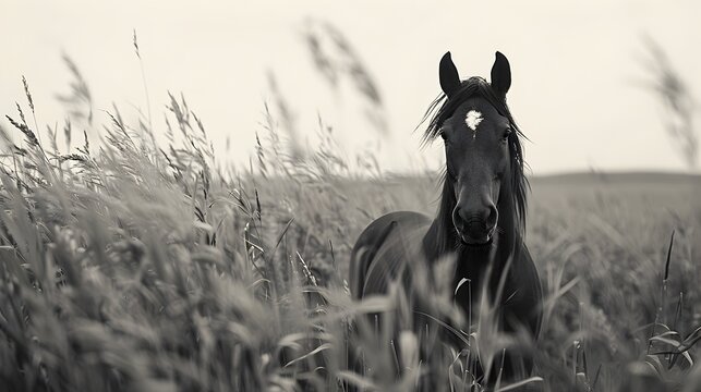 Lone Horse in Tranquil Monochrome Meadow