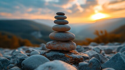 landscape with sunrise and a stack of pebbles.