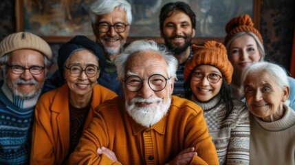 A group of cheerful elderly old people standing together and posing for a picture