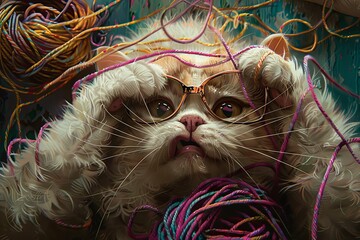 A painting of a cat wearing glasses and playing with yarn. Generative AI - obrazy, fototapety, plakaty