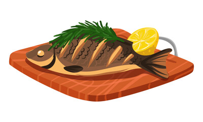 Wooden chopping board with whole fried fish and seasoning with rosemary, lemon. Vector illustration of barbecue fish. Ready-made dish to serve. It is suitable for demonstrating recipes, cooking