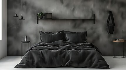 A single bed with black sheets, industrial style furniture in black and gray tones. Generative AI.