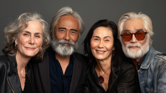 A diverse group of middle-aged men and women smiling and posing for a photograph together - Powered by Adobe