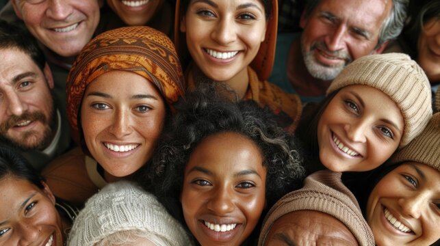 A varied group of individuals, spanning different races and ages, are all smiling happily for a camera
