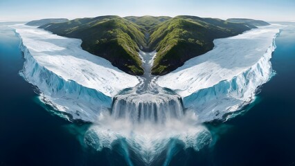 A large ice island surrounded by ocean, In the middle of the island there are green hills and forests. a waterfall flows over the edge of the ice. - obrazy, fototapety, plakaty