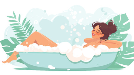 Obraz na płótnie Canvas Smiling woman lying in bathtub full of soap foam