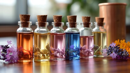 small vials, bottles with colourful essential oil infusions. 