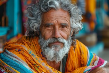 A portrait of a man with striking silver hair and beard draped in a vibrant orange cloth, exuding...