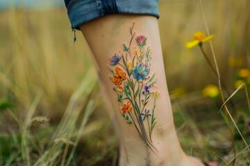 Delicate abstract wildflower tattoo on a person’s leg in the middle of a field
