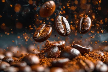 Zelfklevend Fotobehang Captivating image showcasing roasted coffee beans suspended in air with a smoky, dark background emphasizing the beans' texture © Larisa AI