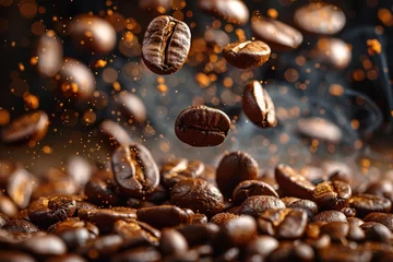 Zelfklevend Fotobehang Perfectly captured coffee beans frozen in time against an amber-toned sparkling background © Larisa AI