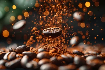 Foto op Plexiglas anti-reflex This image features a single coffee bean dramatically suspended with rising dust particles enhancing its texture © Larisa AI