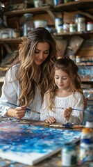 Fototapeta premium mother and daughter painting a picture together with brushes in hand