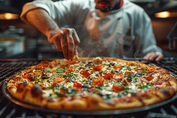 Professional chef in a commercial kitchen adding basil garnish to a perfectly cooked pizza ready to...
