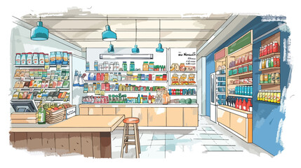 Supermarket interior hand drawn colorful illustration