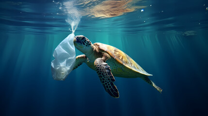 A sea turtle swimming in the sea with a plastic bag - obrazy, fototapety, plakaty