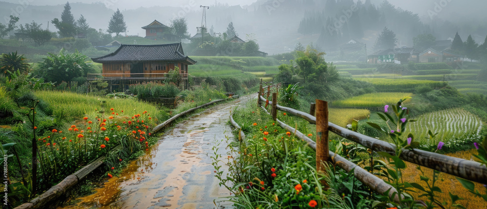 Wall mural Chinese rural house with colorful flowers, green plants, stone path small wooden fence wet after rain on background of green terraced rice fields and mist